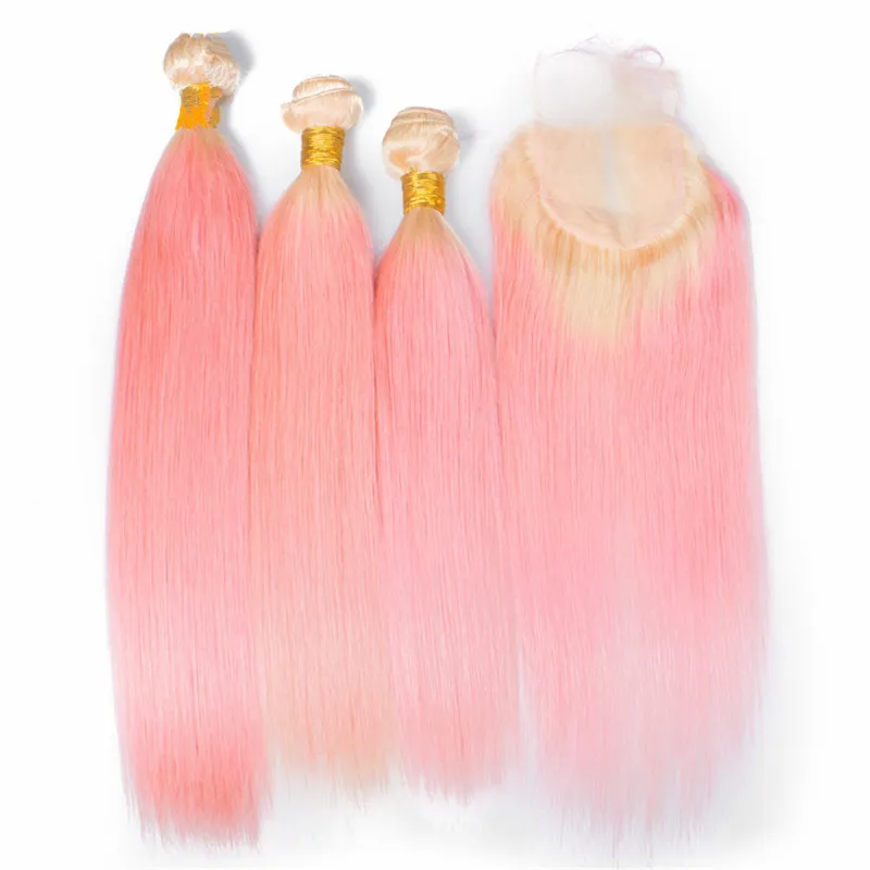 # 613 Blondes Rosa-Menschenhaar spinnt mit Spitze-Schließung 4 * 4 Spitze-Oberseiten-Schließung mit Silk gerade peruanisches Jungfrau-Haar bündelt / 