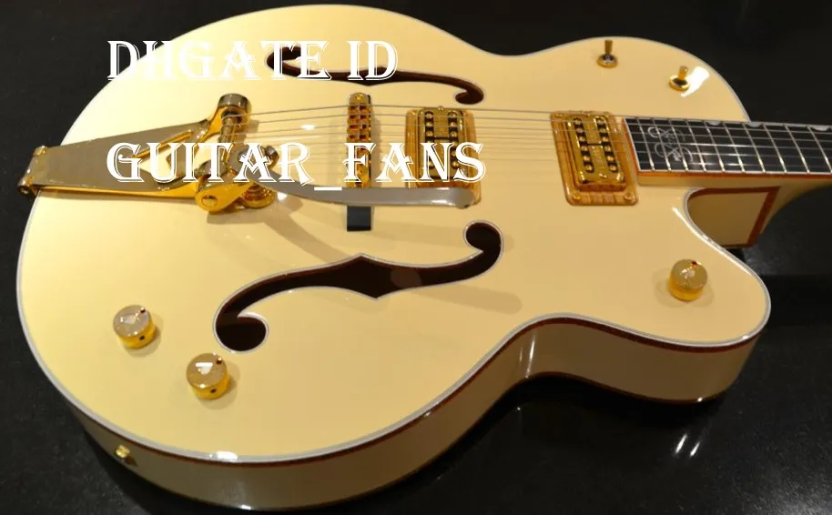 Dream Guitar G6136-1958 Steven Stills White Falcon Chitarra elettrica bianca invecchiata Corpo cavo Doppio foro F Bigs Tremolo Bridge Hardware dorato