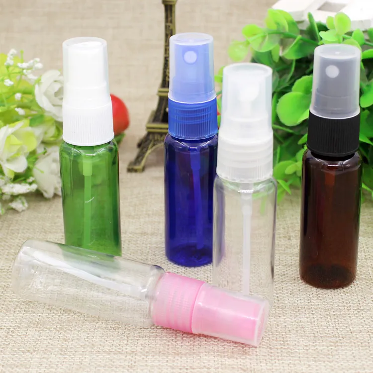 20ml blauwgroen helder bruin PET-flessen met duidelijke zwarte spuitpomp container hoogwaardige lege plastic spuitfles hervulbare parfum