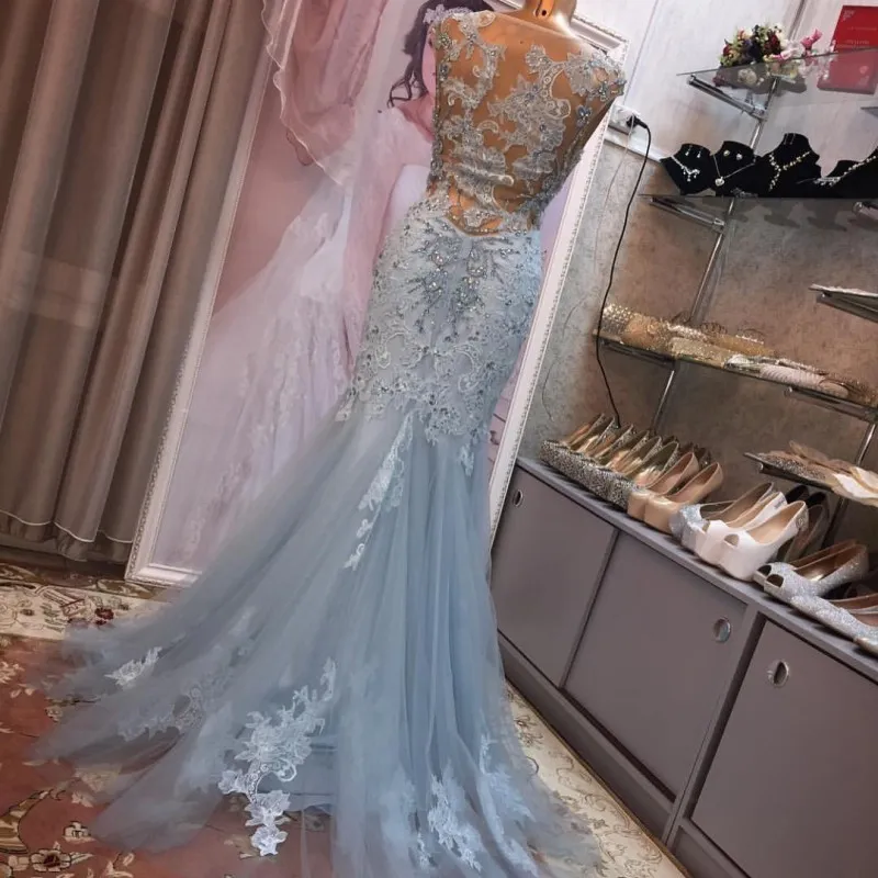 Graceful Sky Blue Mermaid Dresses Party Evening Sheer Neck Vestidos de Fiesta Lace Crystals Illusion Prom Dress