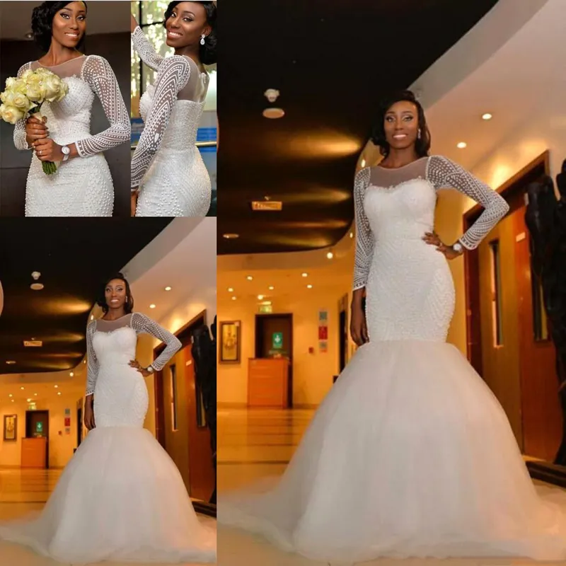 2017 Nigéria Africano Sereia Vestidos de Casamento Sheer Jewel Pescoço Mangas Compridas de Cristal Frisado Pérolas Sweep Train Custom Formal Vestidos de Noiva