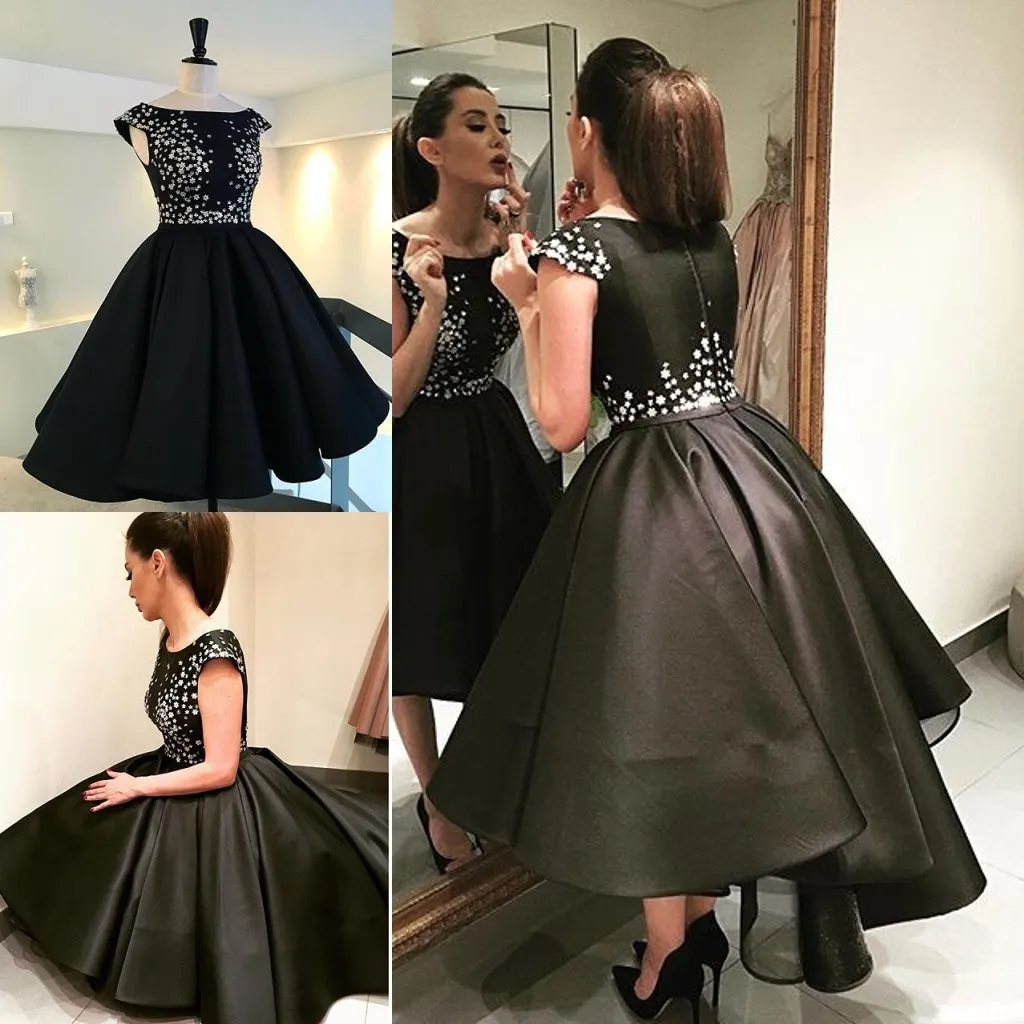 2016 New High Low Prom Dresses Appliqued Jewel Cap Sleeves Custom Made Evening Gowns Knee Length A-Line Formal Dress