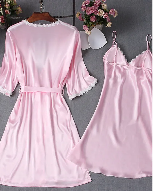 新しいセクシーなサテン着物の女性のゴージャスなラウンジウェアローブ2ピーセット固体レースアップスリーウェアナイトウェアドレス
