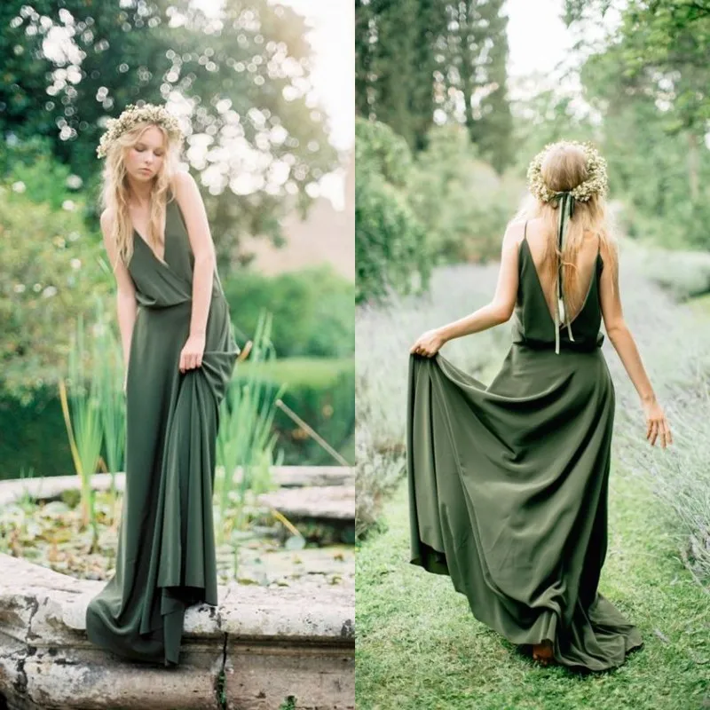 Style bohème pays robes de demoiselle d'honneur 2020 printemps nouveau spaghetti coupe basse vert olive en mousseline de soie demoiselle d'honneur robes de mariée pas cher