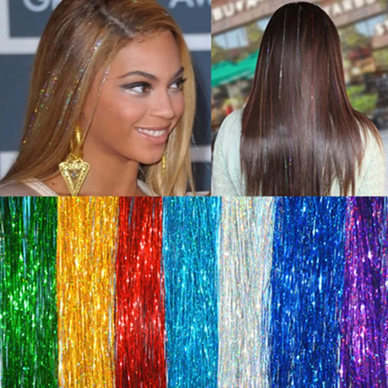 10 extensiones de cabello de seda de color 5 paquetes Bling 100cm 150roots / pc Hairdecoration Extensión sintética del pelo del arco iris piral