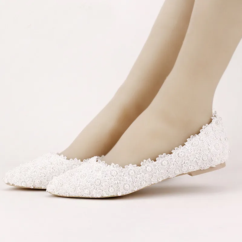 Flat Heels Pearl and Lace Flower Bridal Shoes Pointed Toe Wedding Party Dancing Shoes Beautiful Bridesmaid Shoes Women Flats281Y