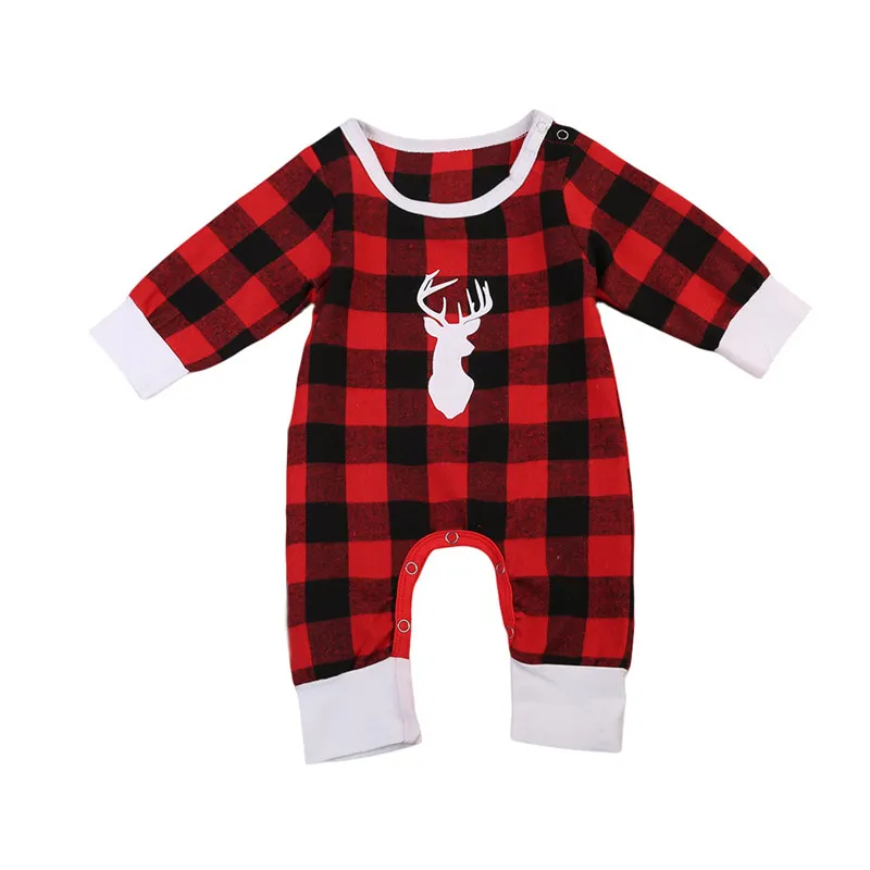 Christmas Baby Clothes Autumn Winter Toddler Infant Baby Boys Girls Long Sleeve Romper Red Plaid Deer Antler Printed Jumpsuit Kids Outfits