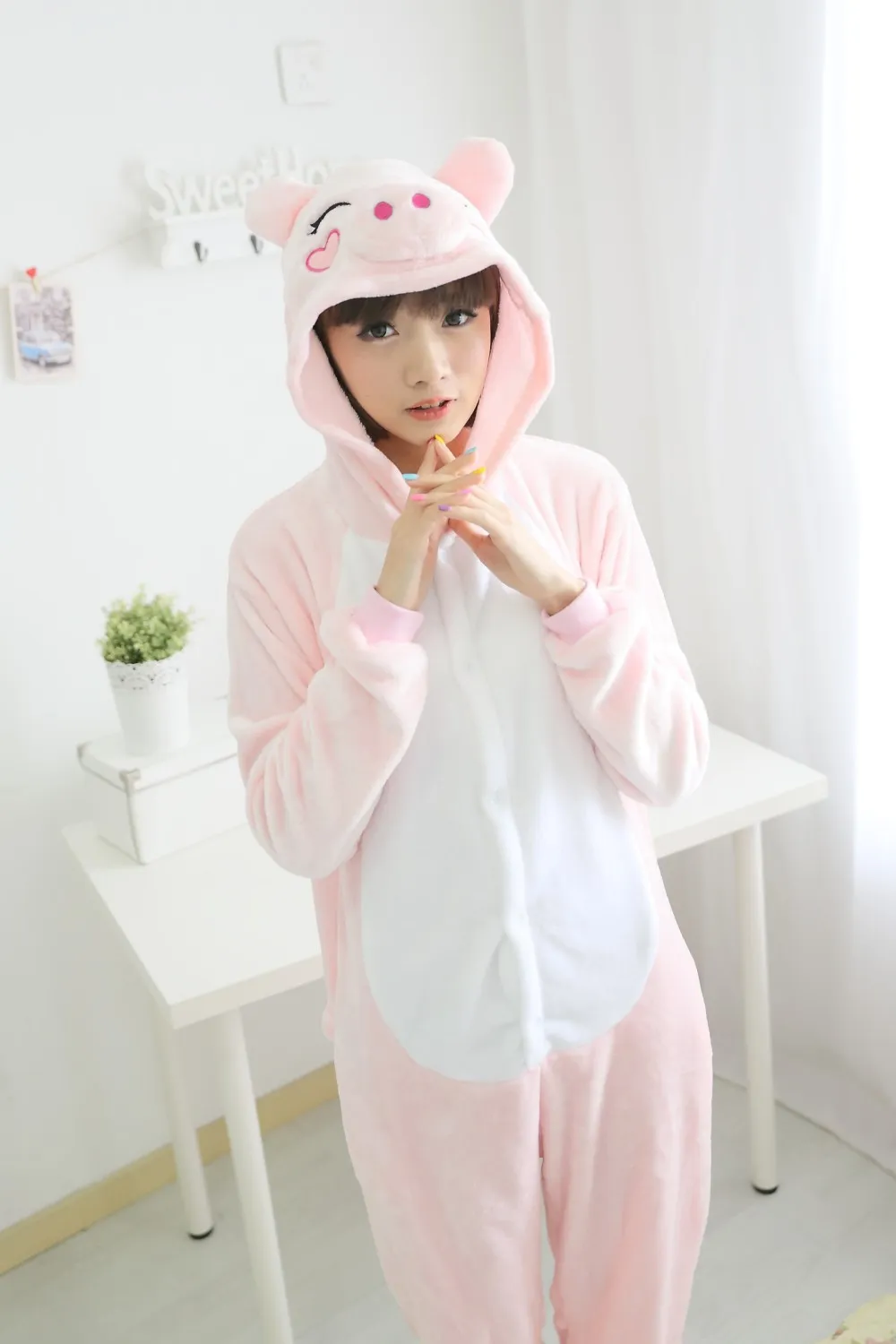 Yetişkinler pembe domuz Fanila Pijama All In One Pijama Cosplay Kostümler Suits Yetişkin Konfeksiyon Sevimli Domuz Karikatür Hayvan Onesies Pijama Tulum