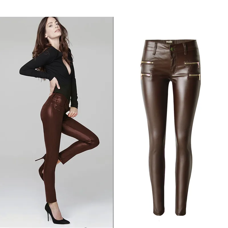 Pantalon élastique taille basse en cuir PU marron pour femme Pantalon enduit à double fermeture éclair Design grande taille