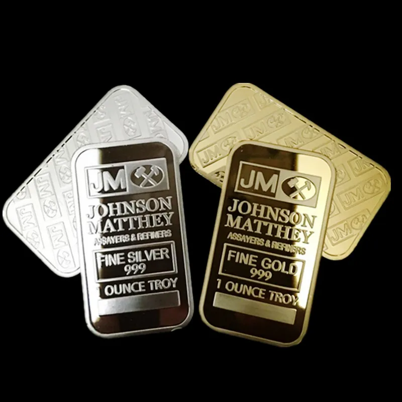 10 st Non Magnetic Amerian Coin JM Johnson Matthey 1 oz ren 24k Real Gold Silver Plated Bullion Bar med olika serienummer