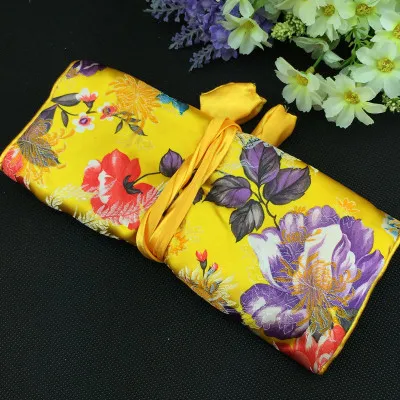 Portable Jewelry Set Packaging Travel Roll Bag Cotton filled Silk Brocade Fabric Zipper Drawstring Storage Pouch For Bridesmaid Wedding Gift