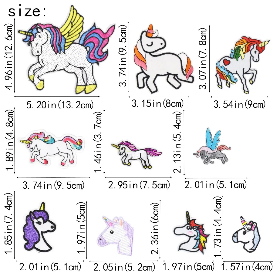 10 datorer Unicorn Patches For Clothing Påsar Järn på överföring Applique Patch för klänning Jeans Diy Sew On Brodery Kids Fancy Stickers283o