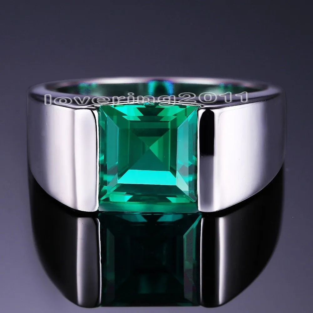 Size 8-11 Popular Luxury jewelry Handmade Men Solitaire Princess cut 4ct Emerald Simulated Diamonnd 925 silver Wedding Band Rings love gift