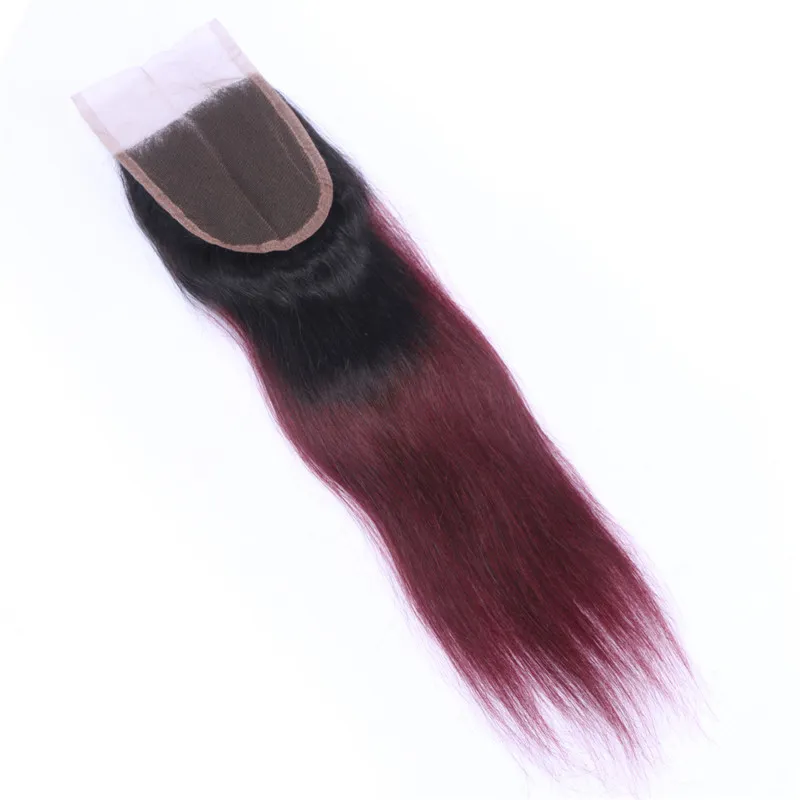 Tessuto di capelli umani Ombre bordeaux malese con chiusura in pizzo 4x4 dritto 1B / 99J Radice scura vino rosso Ombre chiusura in pizzo con 3 pacchi