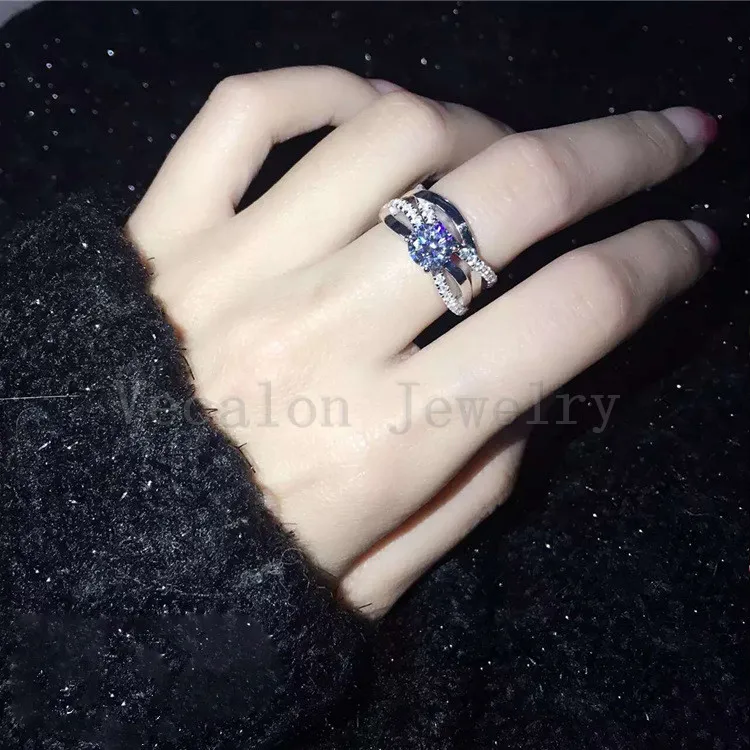 Vecalon 2016 Moda Zaręczyny Obrączka Obrączka Zestaw Dla Kobiet 1CT symulowany Diament CZ 925 Sterling Silver Samica Band Ring R200