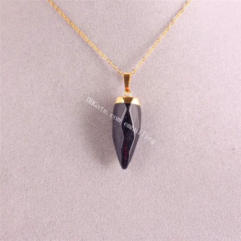 Gold Plated Hand Cut Faceted Gemstone Point Pendulum Pendant Natural Polished Agate Jade,Raw Mineral Drusy Rock Pendant Charm Necklace Beads