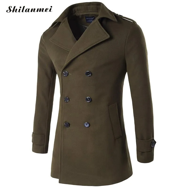 Partihandel - Bomull Grön Män Trench Coat M Till 4XL ElegantTrench Coat Mens Overcoat Double Boutonnage Manteau Hommes Men Winter Trench Coat