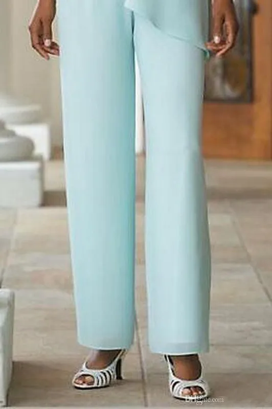 Vintage Mother of the Bride Pant Suits Simple Design Sky Blue Long Chiffon Trousers Plus Size Mothers Gowns268o