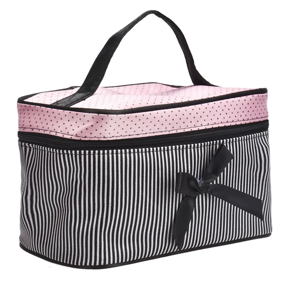 Prezzo più basso Borsa da donna Borsa quadrata a righe con fiocco Borsa cosmetica per biancheria intima Reggiseno intimo Borse a punti Borsa da viaggio Kit da toilette Sac