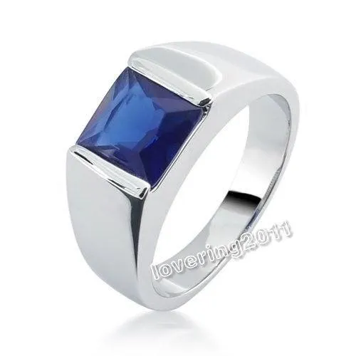 Envío gratis 100% a estrenar Tamaño 8-12 Joyería Anillo de bodas de zafiro azul con corte princesa de plata esterlina 925 para hombres antiguos para regalo de amor