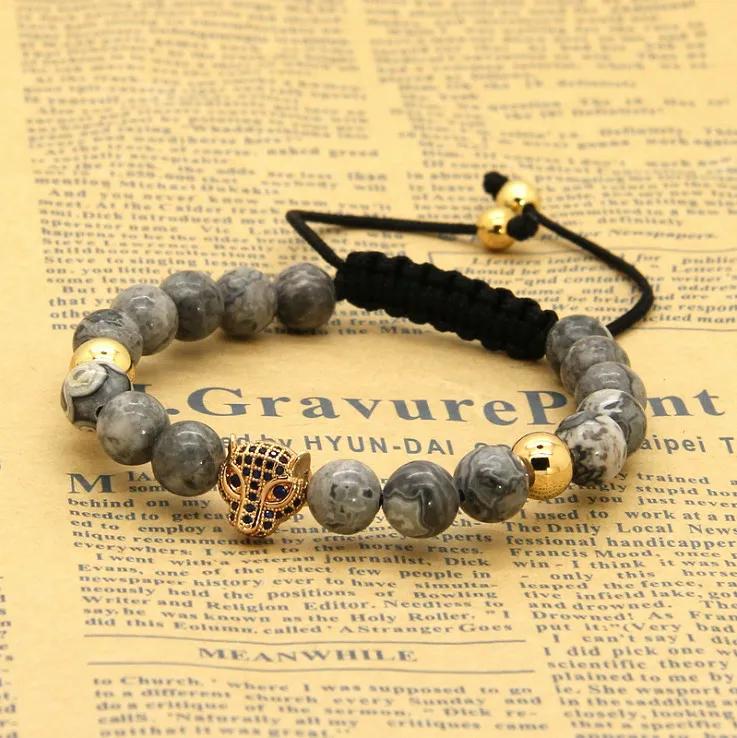 Nuevo Venta al por mayor, 10 unids/lote, 8mm, cuentas de piedra jaspe gris Natural con Micro pavé de circonitas azules, pulseras trenzadas de leopardo para hombre