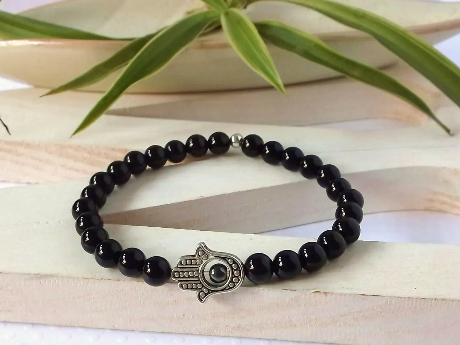 SN0307 Hamsa ręcznie czarny agat kamień naturalny bransoletka Mala Yoga Man Bransoletka Stretch Mens Jewelry New Design Bransoletka