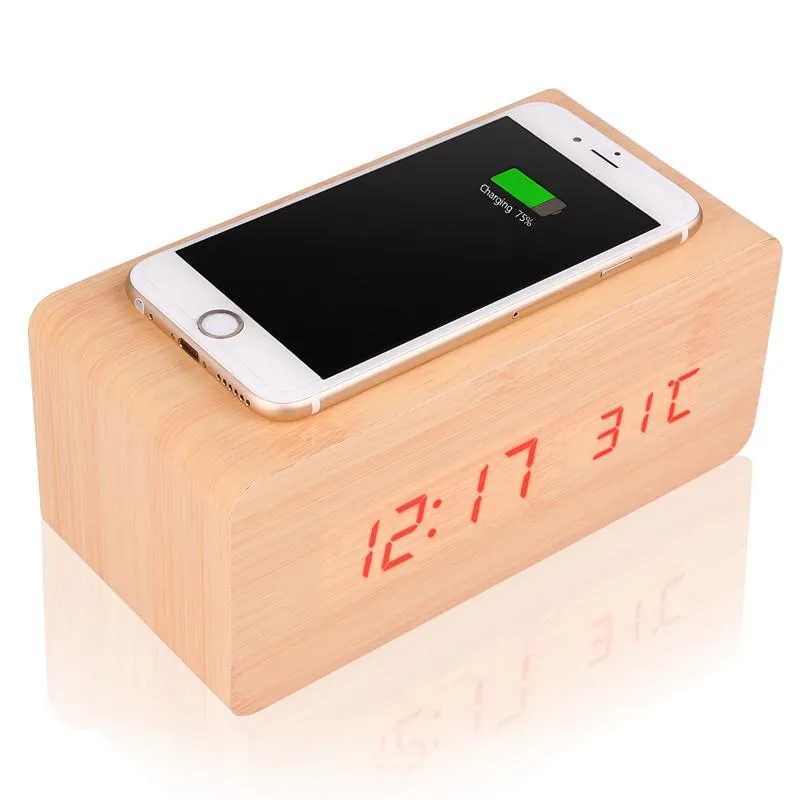 Sveglia multifunzionale in legno Caricabatterie wireless Wood Cube LED Sveglia Termometro Timer Calendario Ricarica QI wireless smartphone