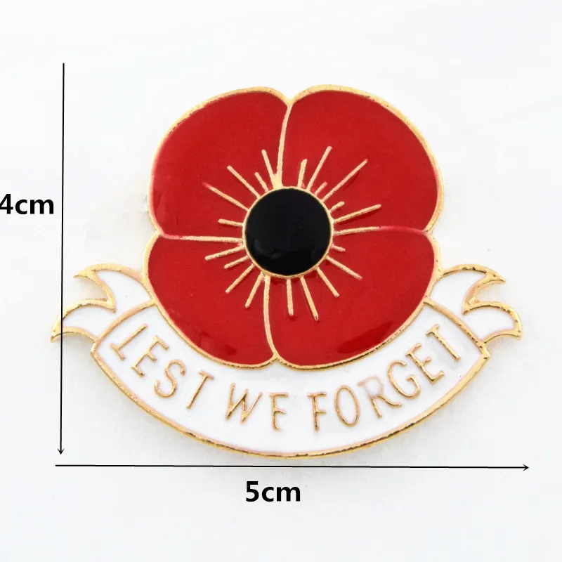 Högkvalitativ blod Röd Emalj Poppy Brosch Gold Tone Alloy Den brittiska Legion Poppy Brosch Pins för Storbritannien Remembrance Day Lest Vi glömmer vallmo