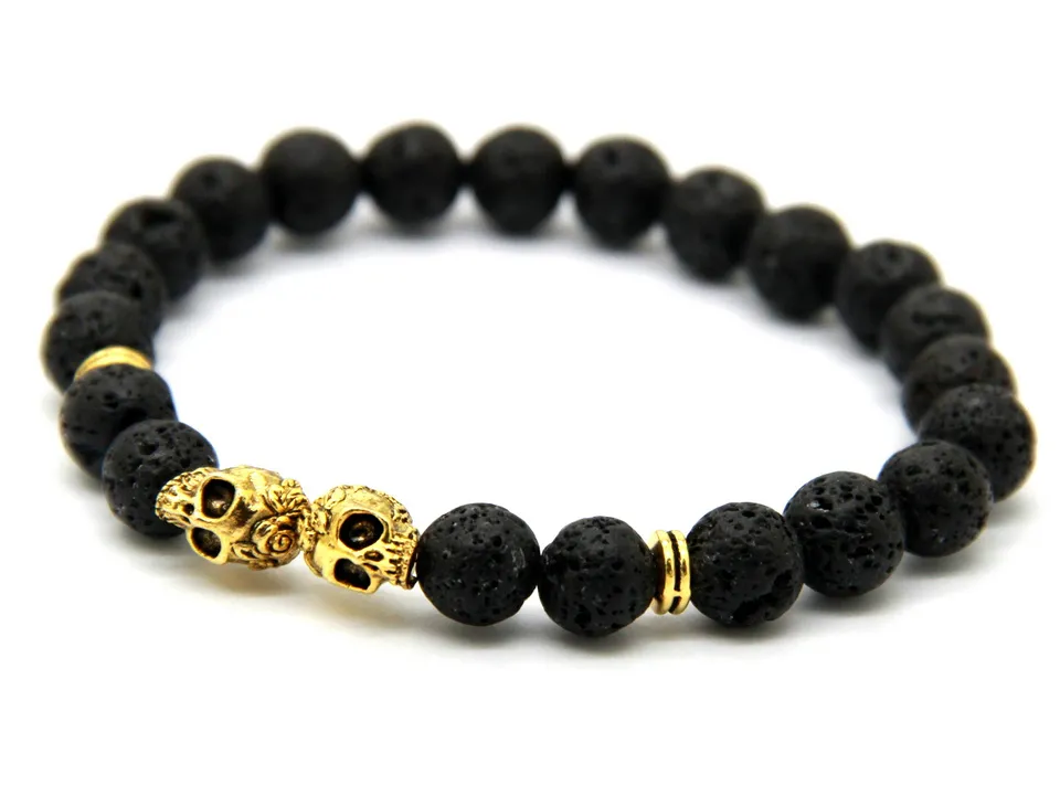 New Products Wholesale Christmas Gift 8MM Lava stone Beads Gold & Silver Skull Yoga Bracelets Party Gift