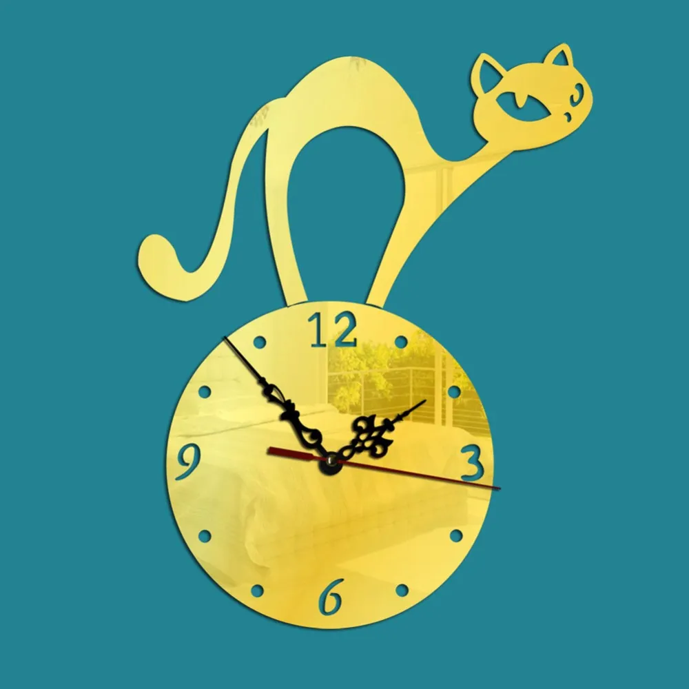 Adesivi murali di fondo soggiorno camera da letto camera da letto bambini orologio da parete orologio a forma di gatto del fumetto Adesivi murali a specchio Orologio