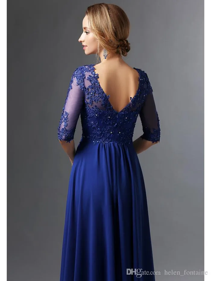 Royal Blue Szyfonowe Modest Druhna Suknie Z Pół Rękawami V Neck Zroszony Koronki Aplikacje Matki Formalne Wieczorowe Wear Na Wedding Party