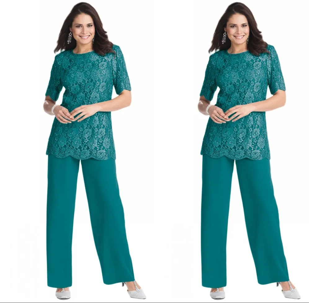 Heet verkoop 2-stuks moeder van bruid broek pak 2016 goedkope sexy kanten juweel korte mouw chiffon formele jurken plus-size moeder van de bruid jurk