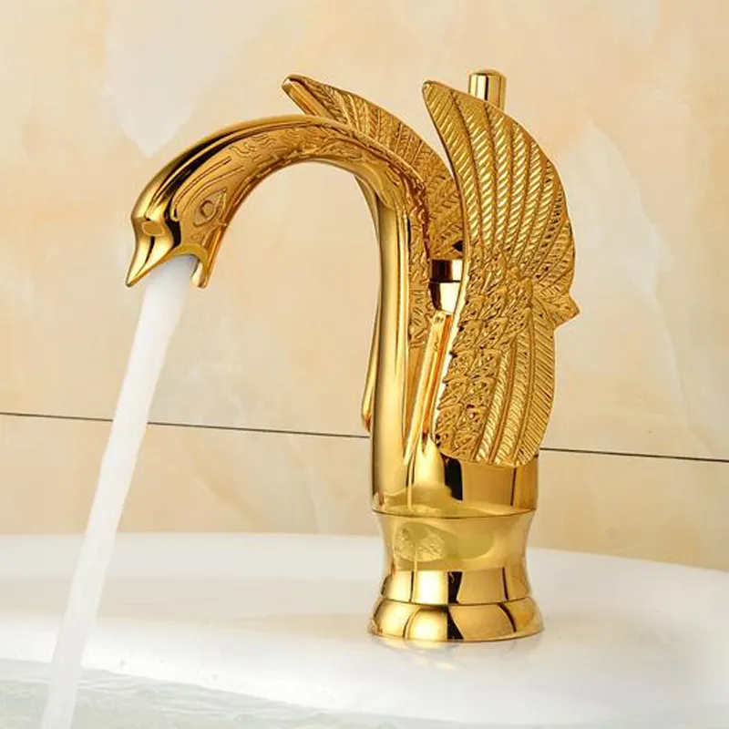 Elegant Swan Shape Brass Gold Finish Bathroom Mixer Taps Deck Mount Basin Vessel Faucet