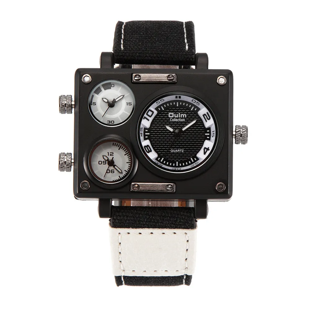 2016 Oulm Vogueメンズウォッチファブリッククォーツマルチタイムゾーン腕時計Relogio Masculino Tonneau 3運動腕時計OU84