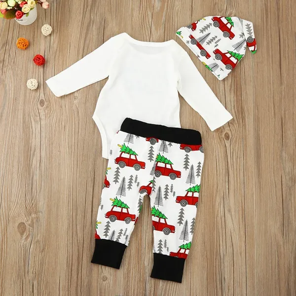 Tenues de noël pour bébé, Halloween, citrouille, voiture, arbre de noël imprimé, chapeau + barboteuse + pantalon, 3 pièces/ensemble, costumes en coton pour enfants, 3 Styles