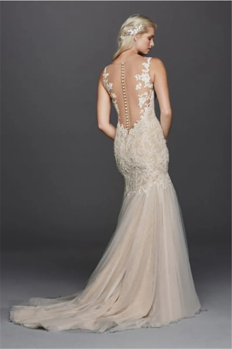 Perlenbesetztes Venedig-Spitze-Applikation-Trompeten-Hochzeitskleid mit Farbe SWG723 Light Champagne Illusion Back Brautkleider vestido de novia255s