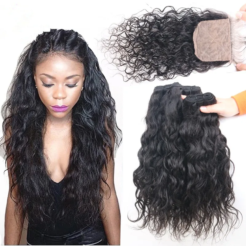 Bundles de tissage de cheveux humains malaisiens humides et ondulés avec séparation libre 4x4 fermeture de base en soie 4pcs / lot extensions de trames de cheveux humains ondulés