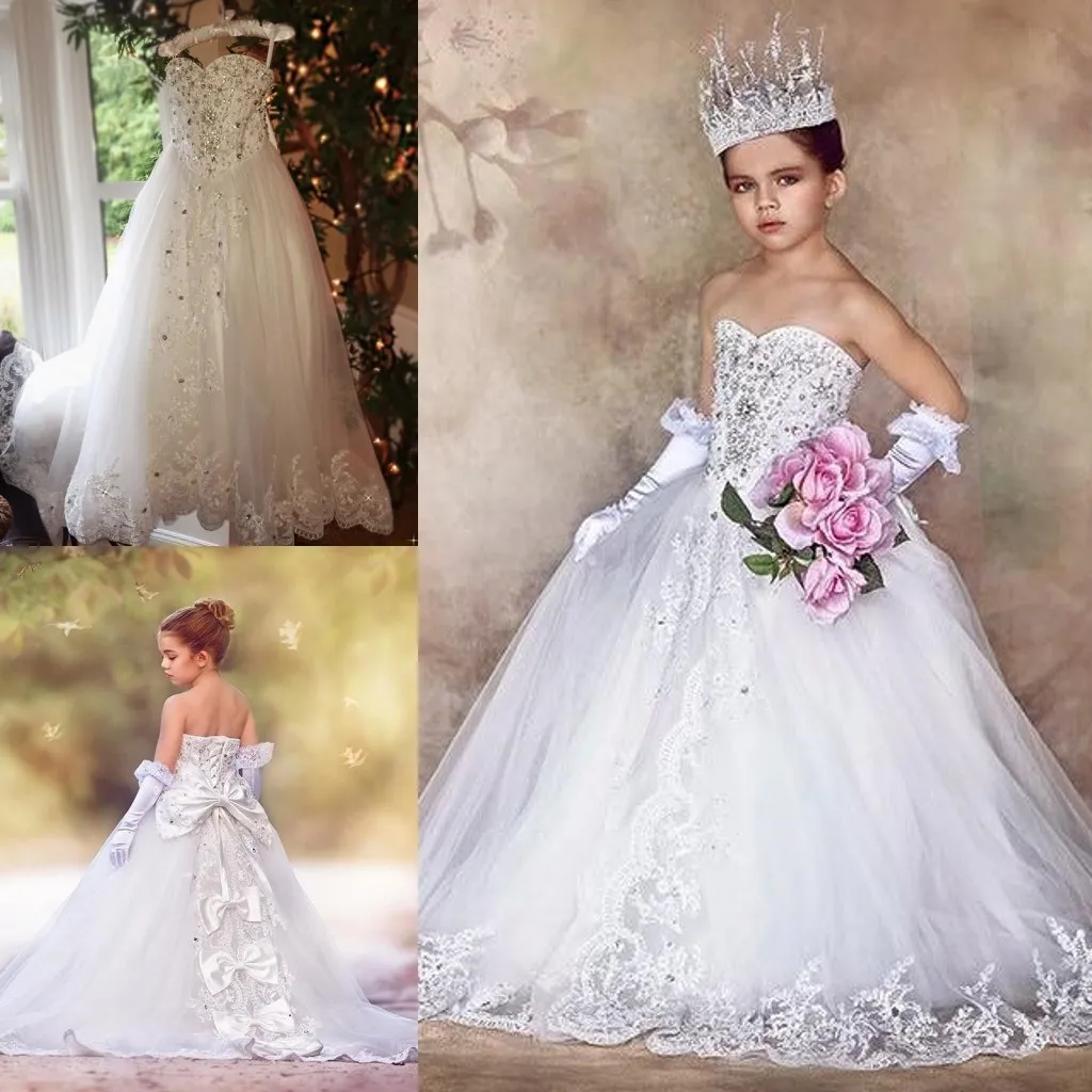 Luxury Crystal Flower Girls 'Dresses for Weddings With Lace Bow Summer Communion Dress Kids Formal Wear Sweep Train Pageant Gowns for Girl