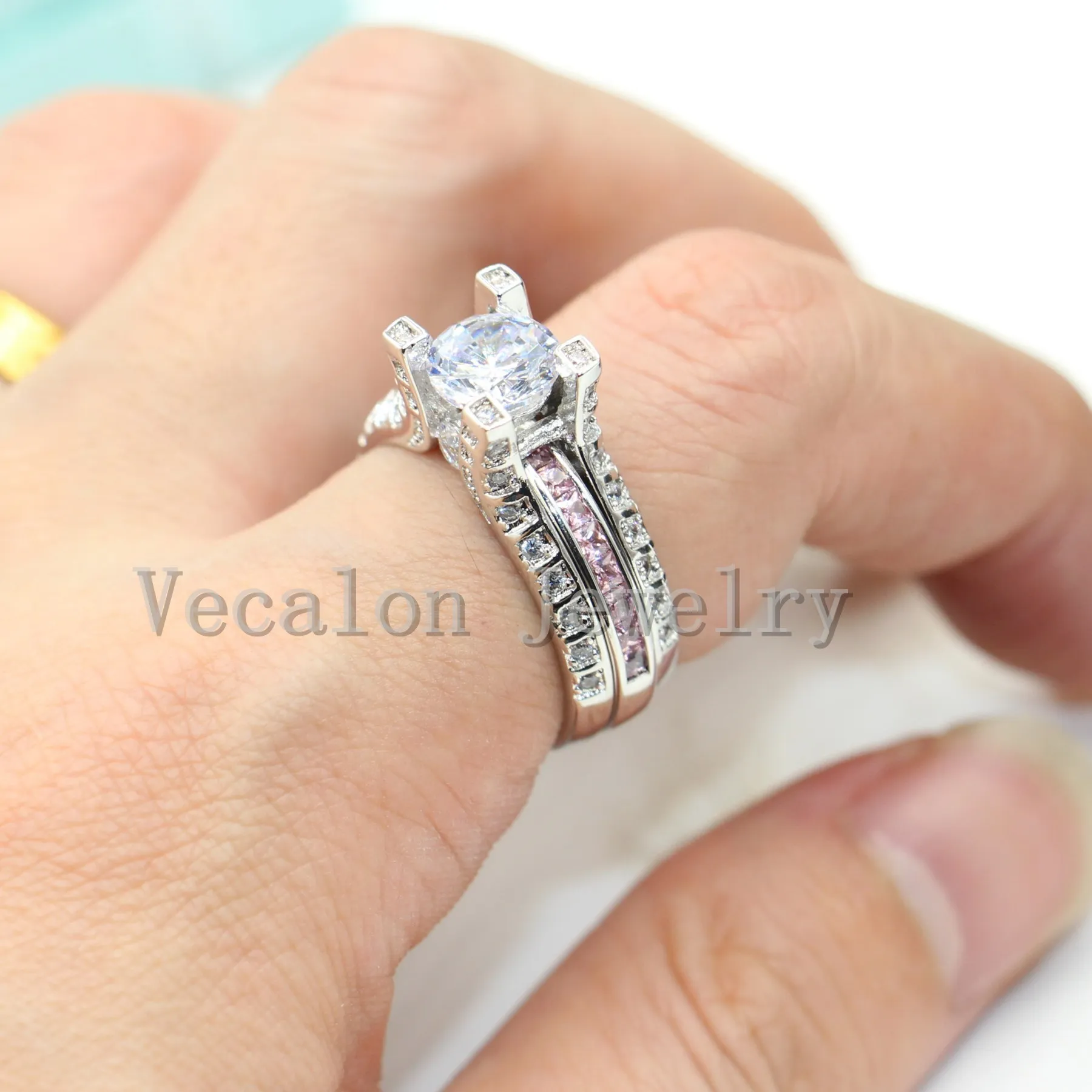 Vecalon 3 ألوان 5ct 5T مقلد الماس تشيكوسلوفاكيا 2-in-1 خطوبة الزفاف الفرقة حلقة مجموعة للنساء 14kt الذهب الأبيض مملوء الحزب الدائري