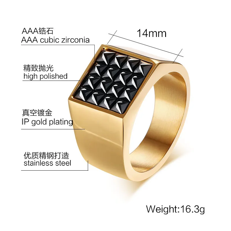 Acero inoxidable IP chapado en oro alto pulido Cubic Zironia hombres anillo joyería de moda anillos accesorios oro tamaño 8-12