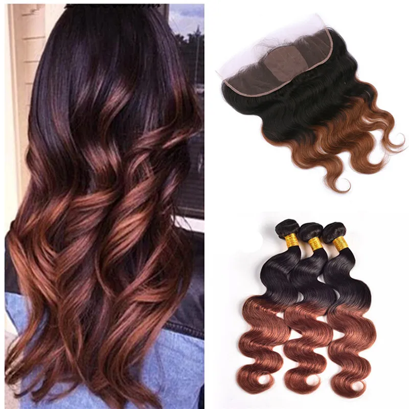 Silk Top Lace Frontal mit Bundles 1b 30 Brown Blonde Ombre Haar mit Körperwelle Lace Frontal Schließung Malaysian Virgin Hair