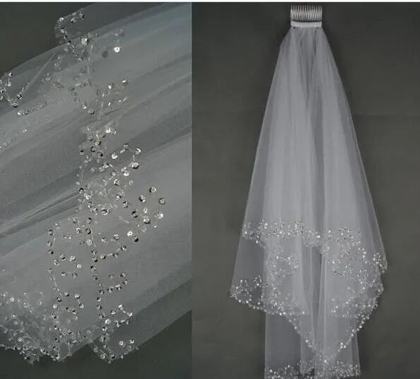 2019 cheap Wedding Bridal Veil 2-Layer Handmade Beaded Crescent edge Bridal Accessories Veil White and Ivory color in stock