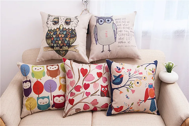 Dessin animé hibou Style taie d'oreiller coloré oiseaux feuille taie d'oreiller 45X45CM taies d'oreiller carrées mignon Animal impression housse de coussin enfants cadeau