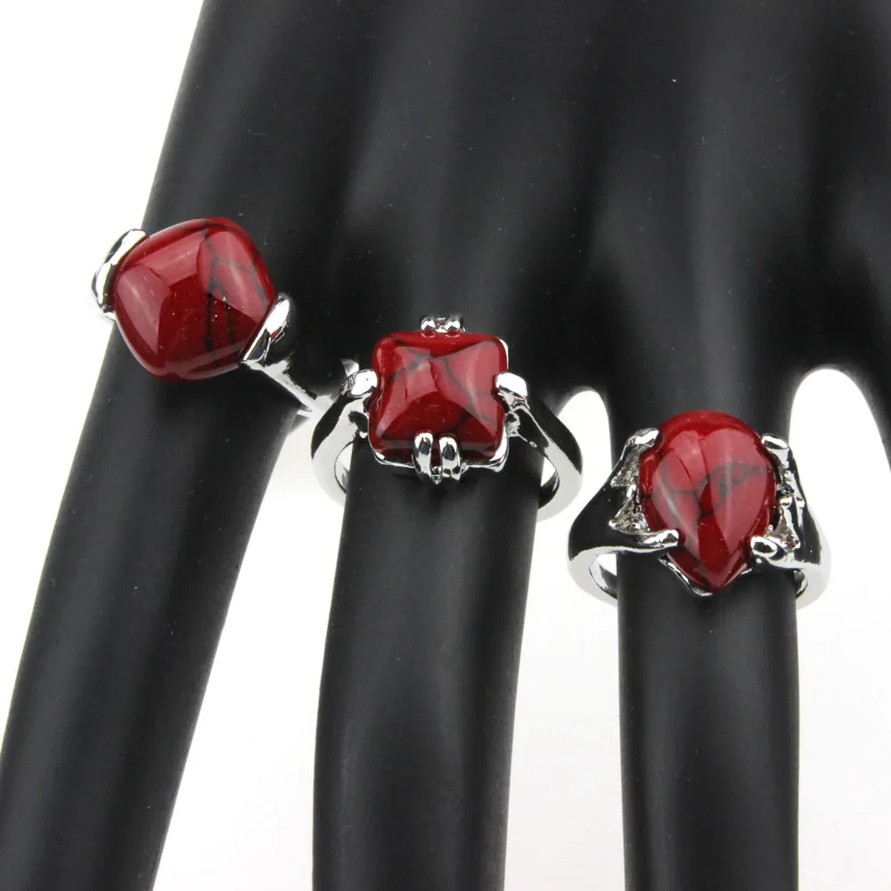 Wholesale Jewelry Fashion red natural turquoise stone silver Rings including display box