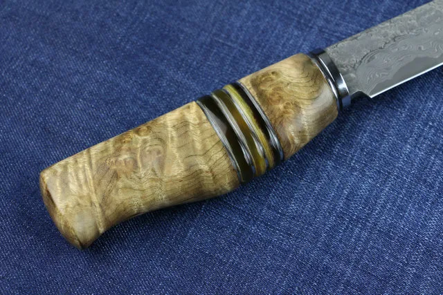 Överlevnad rak kniv damaskus stålblad skugga trä + hornhandtag fasta blad jagar knivar med lädermantel