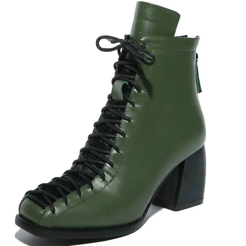 Fashion Square Toe Lace-Up Genuíno Couro Sólido Mulheres Nuas Tornozelo Botas Grossas Salto Marca Mulheres Sapatos Causal Motocicletas Boot