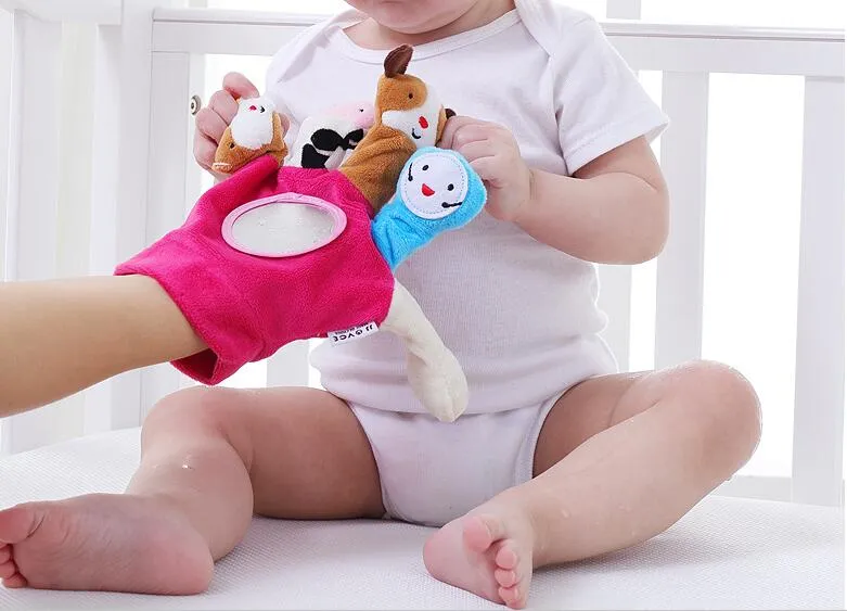 1ペアかわいい動物の手操人人形ぬいぐるみ赤ちゃん手袋子供のための就寝時の物語