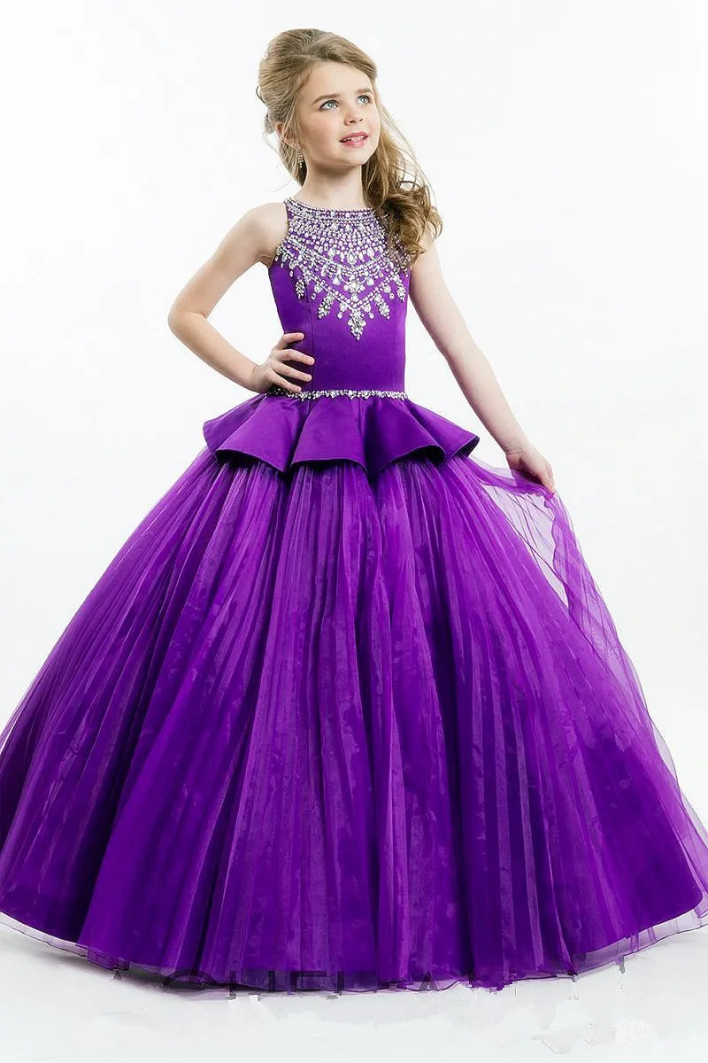 Purple Girl's Pageant Dresses Sheer Crew Neck Beaded Crystals Ruffles Waist Ball Gown Princess Kid's Formal Dresses For Little Girls 2016 Ho