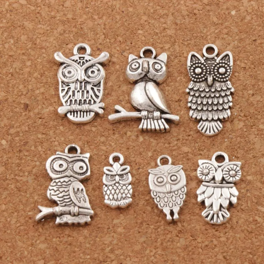 3D Ptak Sowa Charms Wisiorki Moda 100 sztuk / partia 7styles Tybetański Silver Fit Bransoletki Naszyjnik Kolczyki Biżuteria DIY LM40