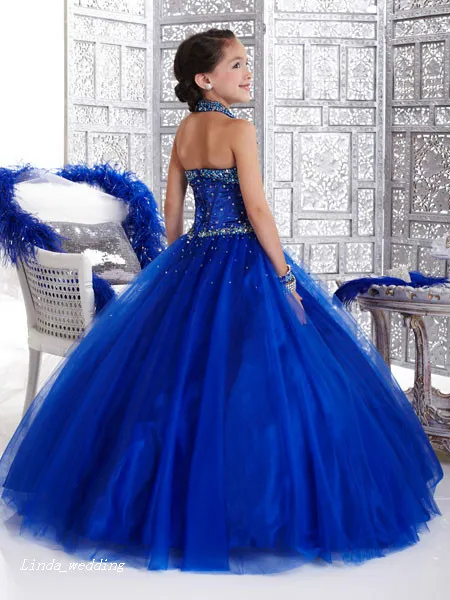 Söt Royal Blue Girl's Pagant Klänning Halter Neckline Beaded Princess Party Cupcake Flower Girl Pretty Dress For Little Kid